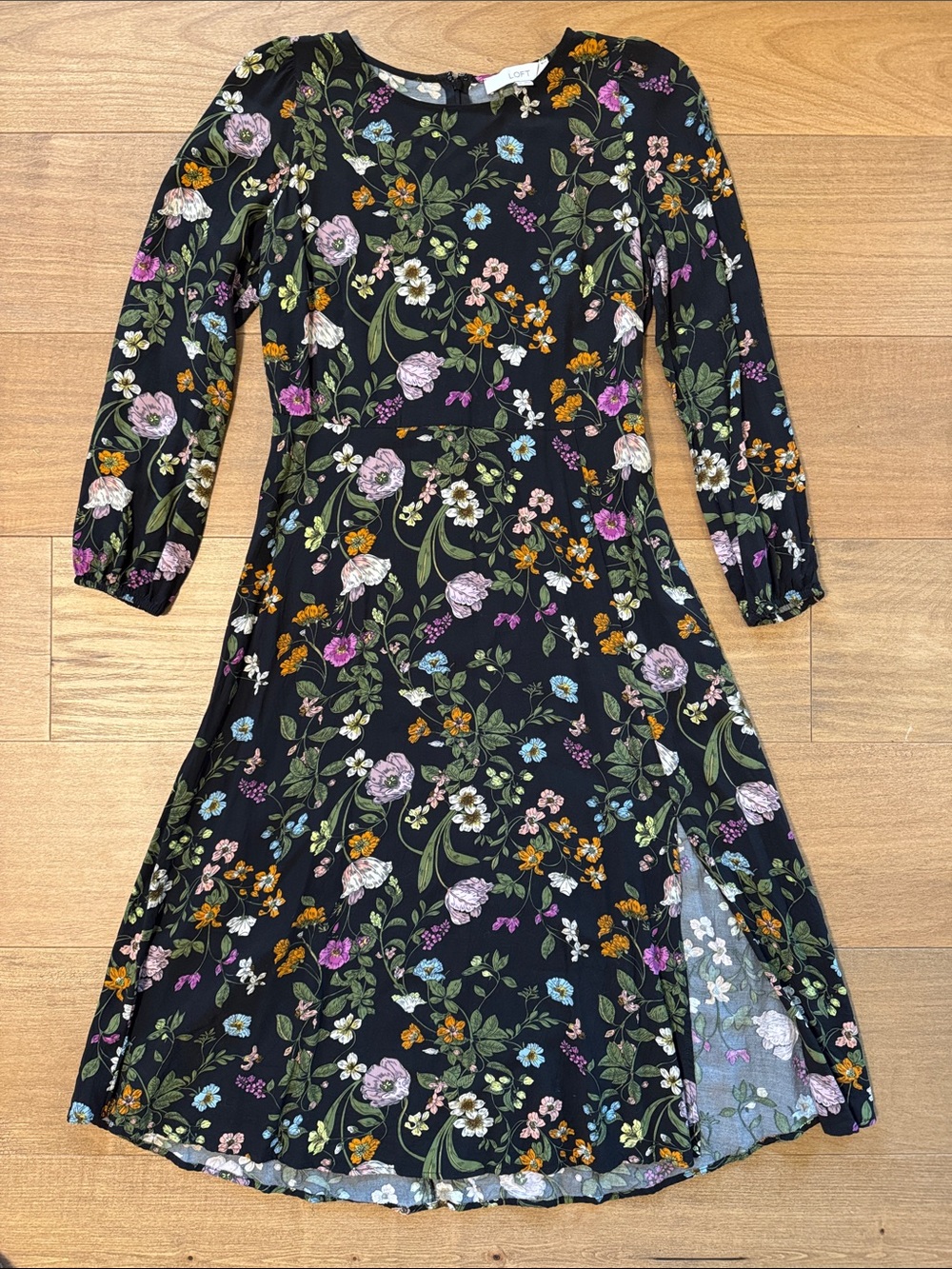 LOFT Black Floral Midi Dress with Multicolor Blooms